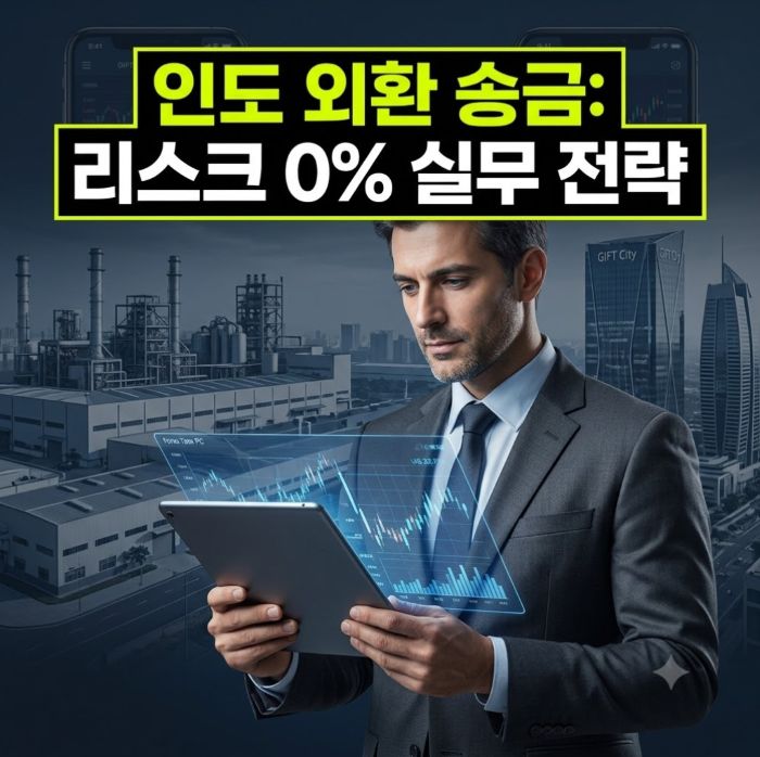 인도 구자라트 GIFT City 금융 마천루를 배경으로 디지털 외환 거래 리포트를 검토하는 정장 차림의 CFO 인물 이미지 위로 '인도 외환 송금: 리스크 0% 실무 전략'이라는 강력한 후킹 텍스트가 시각적으로 강조된 모바일 최적화 블로그 썸네일 이미지.