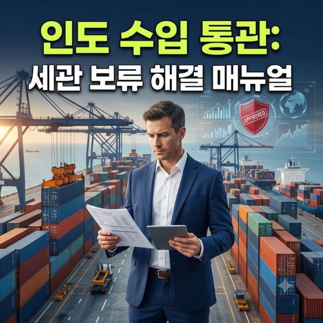 인도 수입 통관 지연 및 세관 보류 리스크 해결을 위한 나바셰바 항구 컨테이너 터미널 배경의 무역 컴플라이언스 전문가 썸네일 이미지
