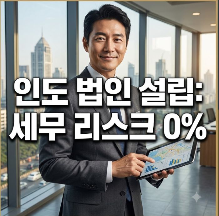 뭄바이 금융가 배경 속에서 인도 GST 신고 및 매입세액공제 ITC 환급을 완료하고 웃음 짓는 한국인 비즈니스 전문가의 모습