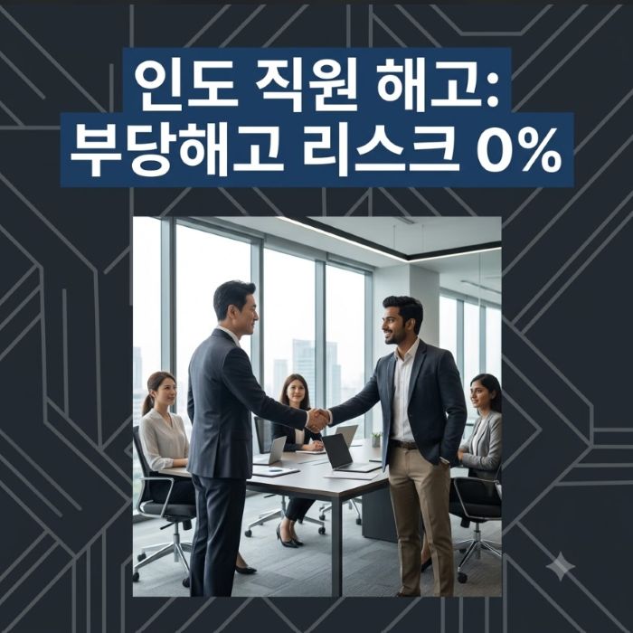 현대적인 인도 비즈니스 오피스에서 다국적 노무 컴플라이언스 전문가와 한국인 주재원이 산업분쟁법(IDA) 서류를 검토하며 인도 직원 해고 리스크 및 합법적 권고사직 대책을 설계하는 모습의 정사각형 블로그 썸네일 이미지.