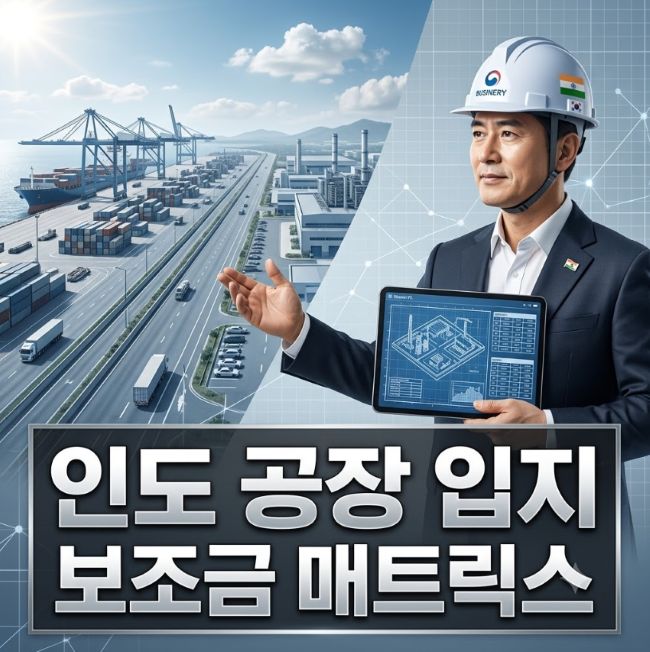 인도 공장 부지 선정을 위해 주정부별 제조업 인센티브와 물류 인프라 도면을 검토하는 글로벌 제조 기업 경영진과 스마트 팩토리 전경.