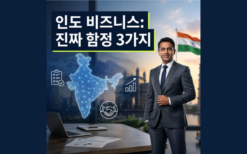 인도 비즈니스 리스크 분석 블록을 위한 정사각형 모바일 최적화 썸네일. 현대적인 인도 테크시티 빌딩을 배경으로 정장을 입은 전문 비즈니스 컨설턴트 인물이 배치되어 있으며, 상단에 '인도 비즈니스: 진짜 함정 3가지'라는 문구가 강조된 가독성 높은 마케팅 디자인 이미지.