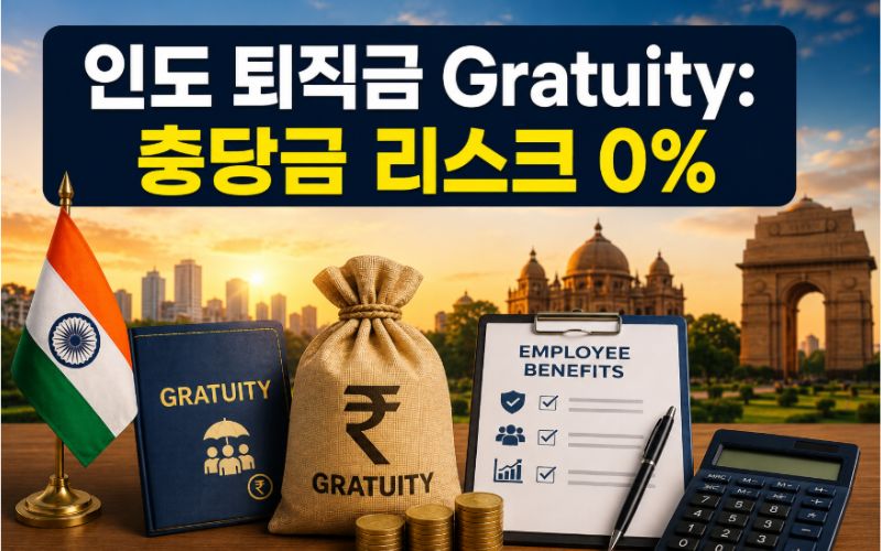 인도 뉴델리의 현대적 오피스와 기업 복리후생(Employee Benefits), 법정 퇴직금(Gratuity) 자금 주머니 그래픽을 배경으로, 상단에 '인도 퇴직금 Gratuity: 충당금 리스크 0%'라는 강렬한 화이트 및 레몬 옐로우 고딕 서체의 텍스트 바가 디자인된 800x500 비즈니스 블로그 상위 노출용 최적화 썸네일 이미지.