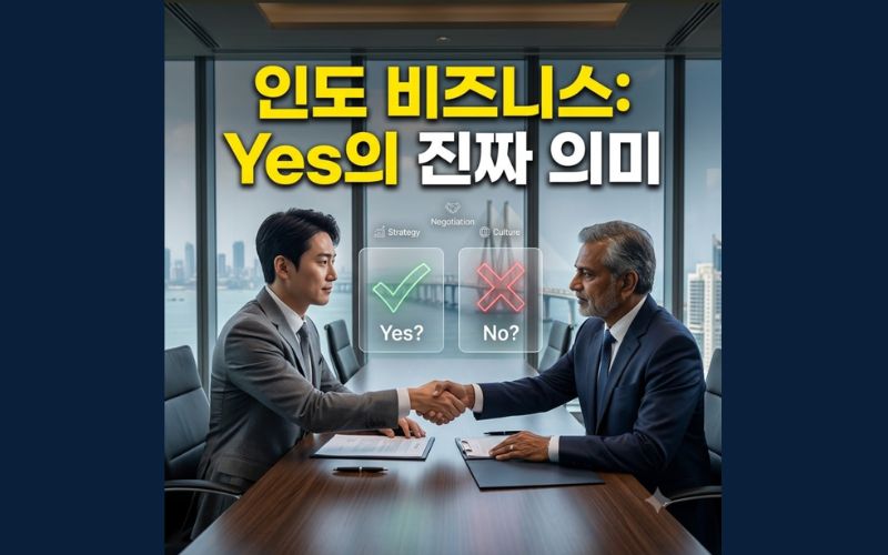 인도 비즈니스 리스크 및 현지 협상 커뮤니케이션 함정 분석 블로그를 위한 1:1 정사각형 모바일 최적화 썸네일 이미지. 수트를 입은 비즈니스 전문가가 협상하는 모습의 배경 위에 상단 일렉트릭 레드 박스로 '인도 비즈니스: "Yes"의 진짜 함정'이라는 문구가 선명하게 박혀 있는 이미지.