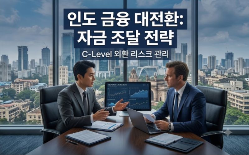뭄바이 금융 지구 마천루 건물을 배경으로 정장 차림의 한국 기업 CFO와 글로벌 투자 전략가가 인도 금융 동향 및 자금 조달 리스크 매니지먼트 전략을 논의하는 고품격 실사 비즈니스 블로그 썸네일 이미지