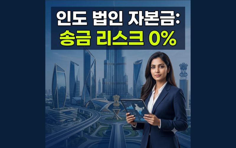 네이비 슈트를 입고 첨단 태블릿을 든 여성 글로벌 비즈니스 전략가와 인도 현대식 금융 혁신 마천루 빌딩 전경 실사 이미지. 국내 제조기업의 안전한 인도 법인 자본금 송금 절차, FDI 외자 유치 신고 및 RBI 외환관리법 컴플라이언스 준수 가이드를 상징하는 모바일 최적화 정사각형 블로그 썸네일 기획안.