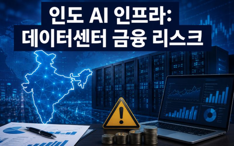 네온 블루로 빛나는 인도 지도와 하이퍼스케일 AI 데이터센터 서버 랙을 배경으로, 데스크 위에 금융 분석 차트 리포트, 노트북, 동전 더미, 노란색 경고 표지판이 배치된 인도 AI 인프라 투자 및 데이터센터 금융 리스크 분석 블로그 썸네일 이미지