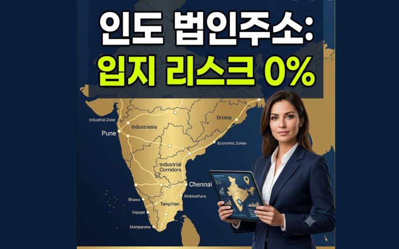 정갈한 다크 네이비 슈트를 입고 인도 지도가 띄워진 스마트 태블릿을 든 여성 글로벌 비즈니스 전략가와 배경의 고급스러운 골드·딥블루 톤 인도 산업 회랑(Industrial Corridors) 및 첸나이, 푸네 공단 입지 지도 실사 이미지. 국내 제조기업의 리스크 없는 인도 법인 설립 주소지 선정 및 테크니컬 컴플라이언스 가이드를 상징하는 모바일 최적화 블로그 썸네일(이미지 식별 코드: image_cbb789.jpg).