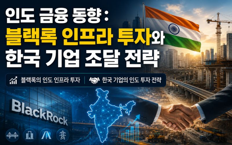 '인도 금융 동향: 블랙록 인프라 투자와 한국 기업 조달 전략' 텍스트 레이아웃과 인도 국기가 휘날리는 마천루 도심 배경 하단에, 블랙록(BlackRock) 빌딩 및 인프라 아이콘, 네온 블루로 빛나는 인도 지도 그래픽, 그리고 두 비즈니스맨이 악수를 나누는 실사 비즈니스 협상 및 건설 개발 현장이 오버레이된 고품격 블로그 썸네일 이미지