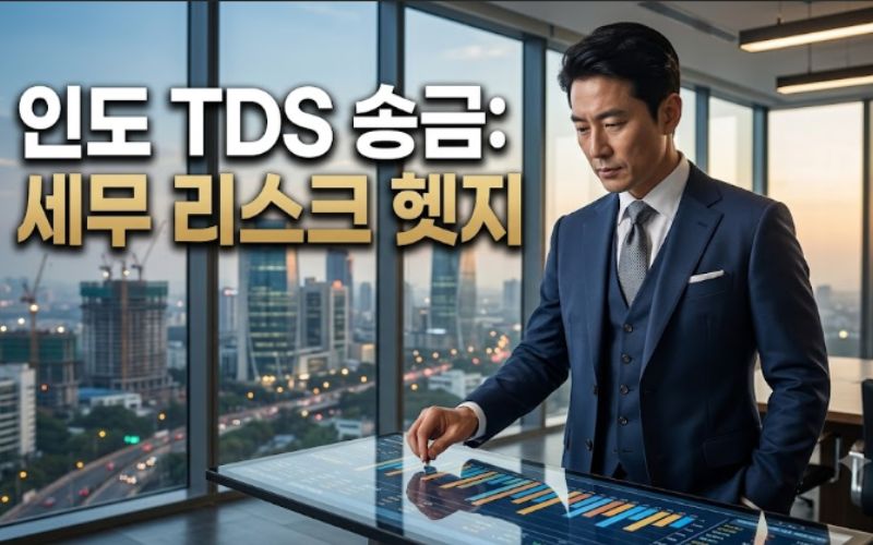 뭄바이 금융가 마천루 사무실에서 한인도 DTAA 조약과 인도 TDS 원천징수 송금 내역을 검토하고 있는 글로벌 비즈니스 재무 전문가의 모습