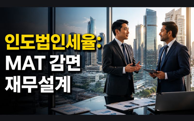 현대적인 인도 비즈니스 지구 스카이라인을 배경으로 대화하는 두 명의 정장 차림 기업 경영진. 좌측에는 '인도법인세율: MAT 감면 재무설계'라는 핵심 마케팅 텍스트 문구가 크고 명확하게 배치되어 있습니다.