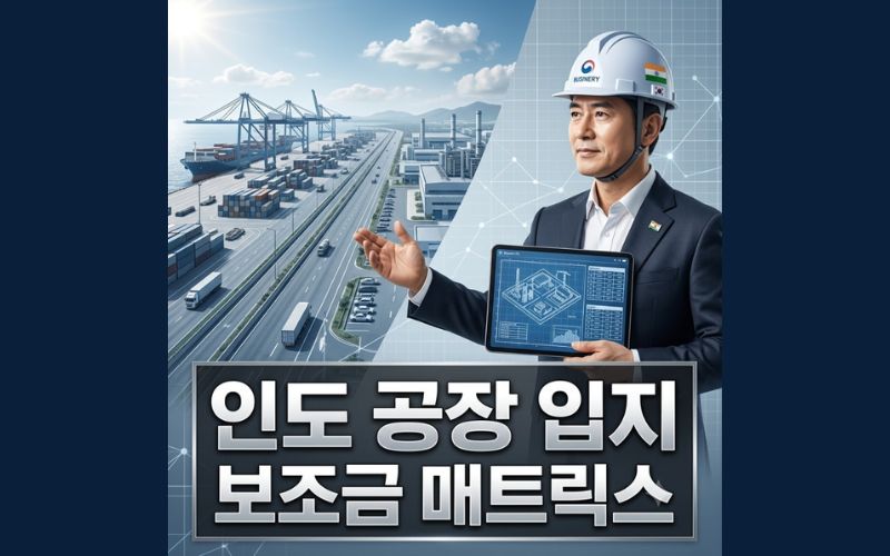 인도 공장 부지 선정을 위해 주정부별 제조업 인센티브와 물류 인프라 도면을 검토하는 글로벌 제조 기업 경영진과 스마트 팩토리 전경.