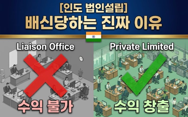 인도 법인 설립 시 연락사무소와 현지법인의 법적 선택 리스크를 다룬 블로그용 1:1 정사각형 썸네일 이미지. 현대적인 테크시티 마천루가 보이는 오피스 회의실에서 한국인 기업가와 인도 파트너가 악수하는 모습 위에 초록색 체크와 빨간색 엑스 기호 홀로그램이 매칭되어 있으며, 상단에 '인도 법인설립: 배신당하는 진짜 이유'라는 굵은 한글 훅 카피가 가독성 높게 박혀 있는 모바일 최적화 이미지