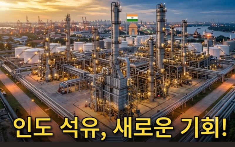 일몰 무렵, 대규모 석유 화학 단지 및 정유 공장이 내려다보이는 항공 사진입니다. 수많은 증류탑, 저장 탱크, 파이프라인이 정교하게 연결되어 있으며 따뜻한 주황색 불빛이 켜져 있습니다. 멀리 항구의 크레인과 강 너머로 도시의 스카이라인이 펼쳐지며, 건물 위로는 인도 국기가 게양되어 있습니다. 이미지 하단에는 "인도 석유, 새로운 기회!"라는 노란색 굵은 글씨의 한국어 텍스트가 명확하게 기재되어 있습니다.