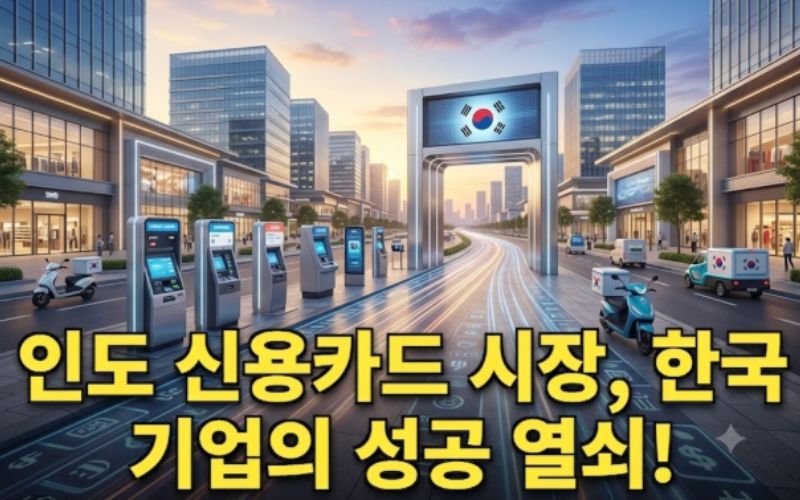 세련되고 현대적인 도심 상업지구를 배경으로 디지털 신용카드 단말기와 결제 시스템 기기들이 늘어서 있는 모습입니다. 도로 바닥에는 디지털 금융 데이터 회로가 흐르고 있으며, 중앙에는 태극기 마크가 선명하게 들어간 미래지향적 아치 문이 세워져 있습니다. 하단에는 "인도 신용카드 시장, 한국 기업의 성공 열쇠!"라는 노란색 굵은 글씨의 한국어 텍스트가 명확하게 기재되어 있습니다.