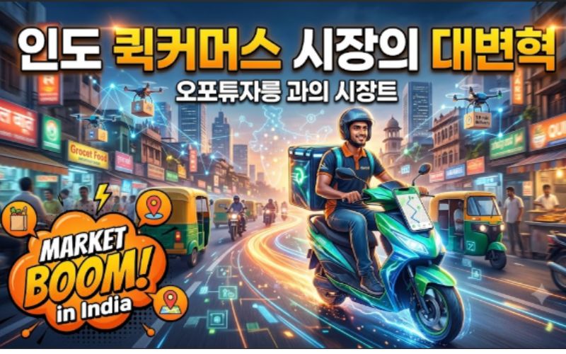 인도 퀵커머스 시장의 대변혁을 주제로 도심 속 배달 라이더와 드론 물류를 표현한 비즈니스 썸네일 이미지