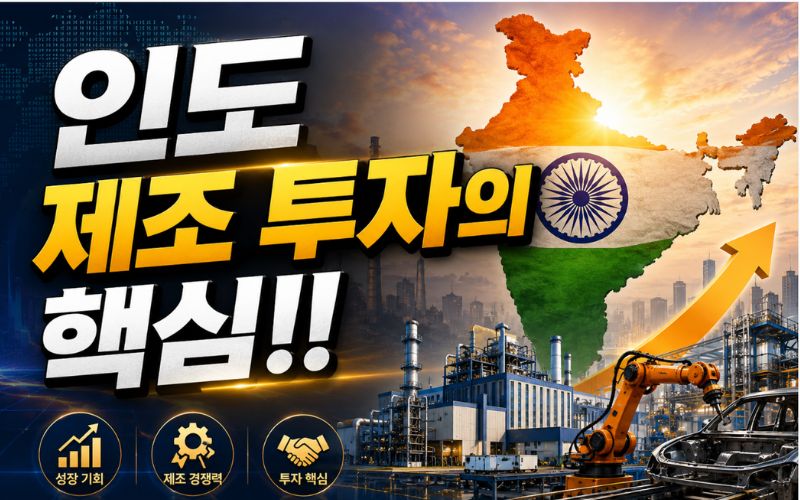 "인도 지도와 대형 제조 공장, 산업용 로봇, 상승 화살표가 배경에 배치된 유튜브 썸네일. 중앙에 굵은 글씨로 '인도 제조 투자의 핵심!!' 문구가 강조되어 있으며, 성장 기회와 제조 경쟁력, 투자 핵심을 상징하는 아이콘이 함께 표시되어 있다."