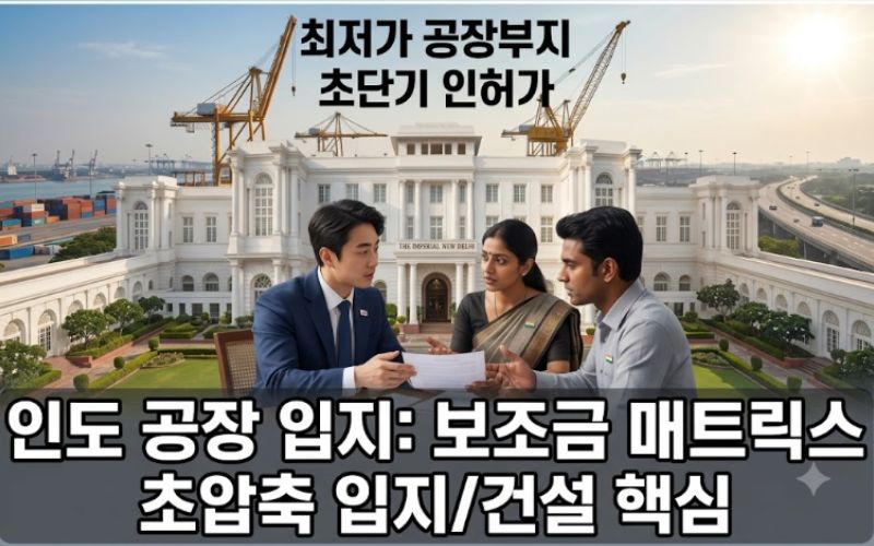 인도 공장 입지 보조금 매트릭스 및 초압축 입지/건설 핵심 정보를 위해, 구루그람 비즈니스 지구를 배경으로 현지 법률 전문가와 도면을 검토하는 한국 대기업 경영진 실사 이미지.