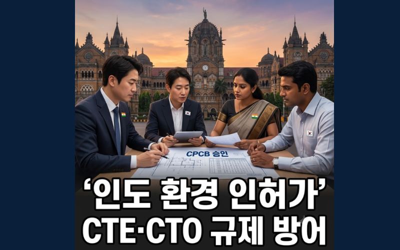 인도 상무부 및 환경청 인허가 기준인 CTE·CTO 규제 방어 방안을 해결하기 위해 뭄바이 CSMT 역 인근에서 기술 도면을 검토하는 한국 기업 임원 실사 이미지.