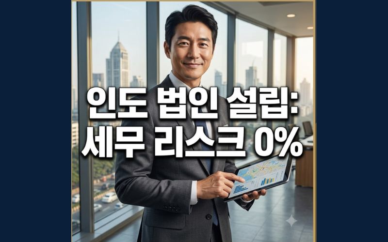 뭄바이 금융가 배경 속에서 인도 GST 신고 및 매입세액공제 ITC 환급을 완료하고 웃음 짓는 한국인 비즈니스 전문가의 모습